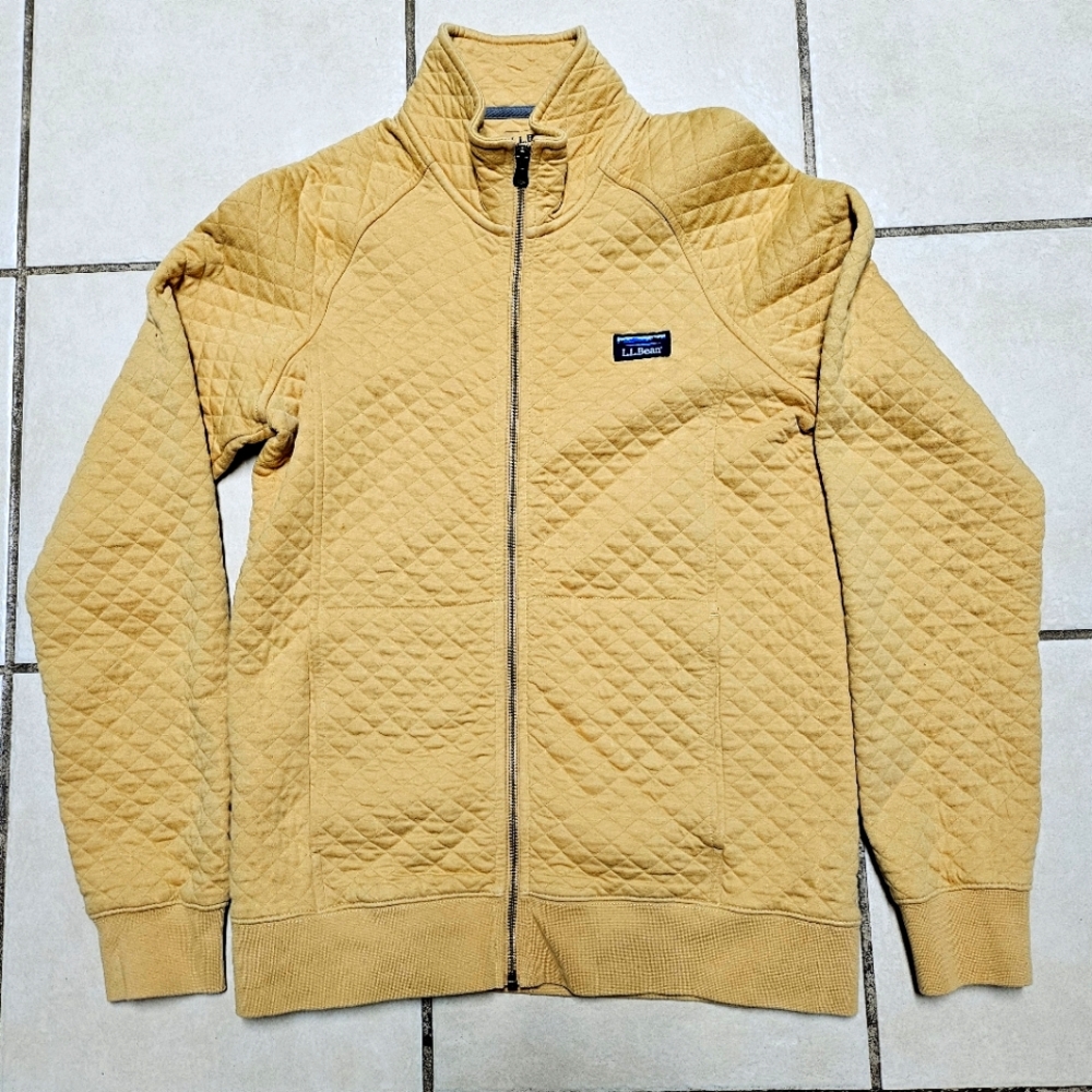 L.L. Bean Mustard Yellow Zip Up Sweater with Stand Up Collar and Quilted Texture